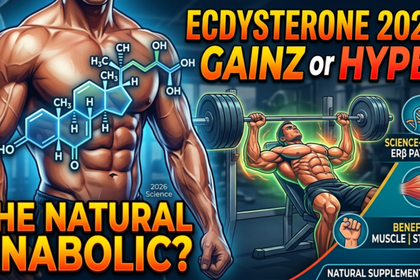 Infographic showing Ecdysterone chemical structure and muscle protein synthesis benefits